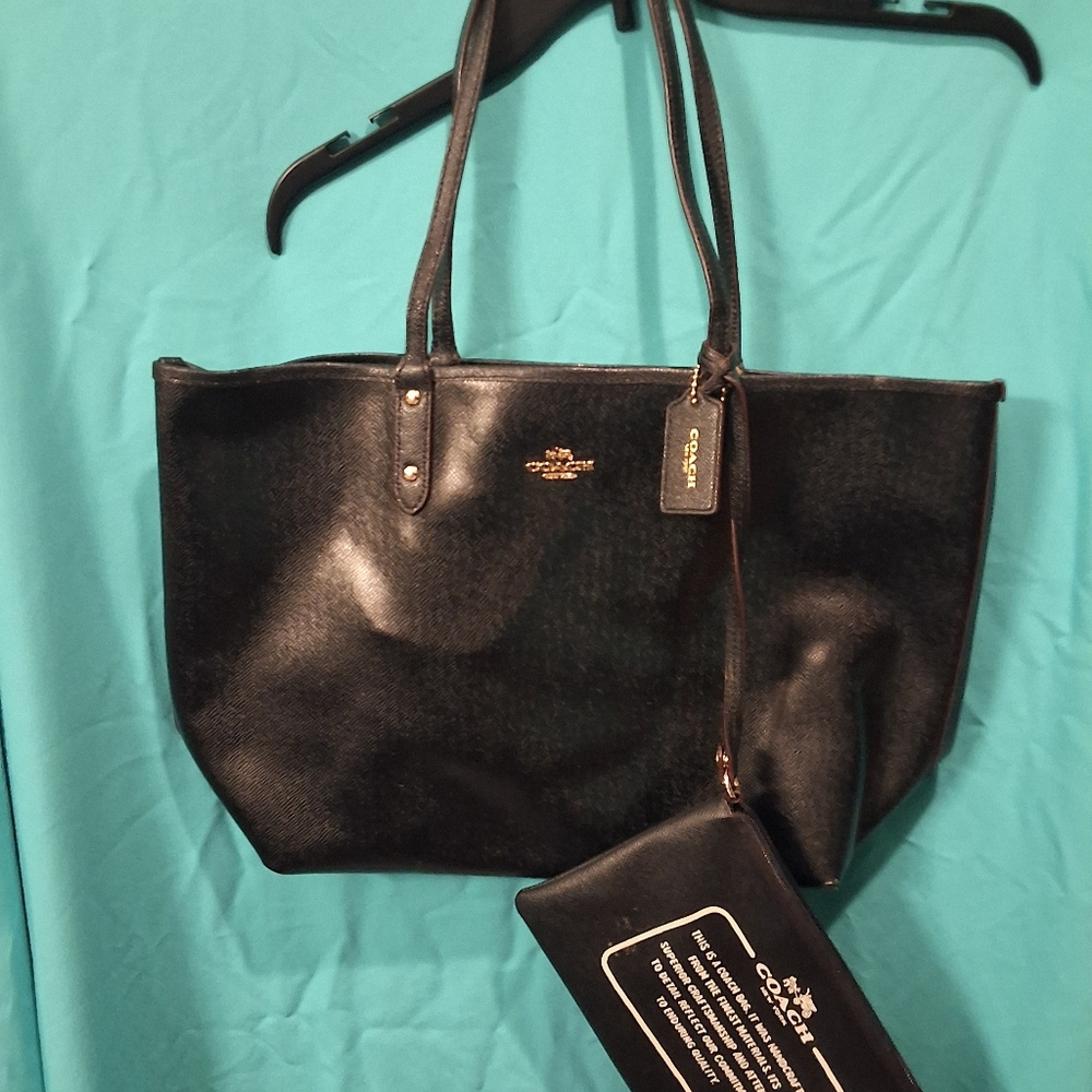 Coach Black / Brown Reversible Leather Tote with Gold Accents